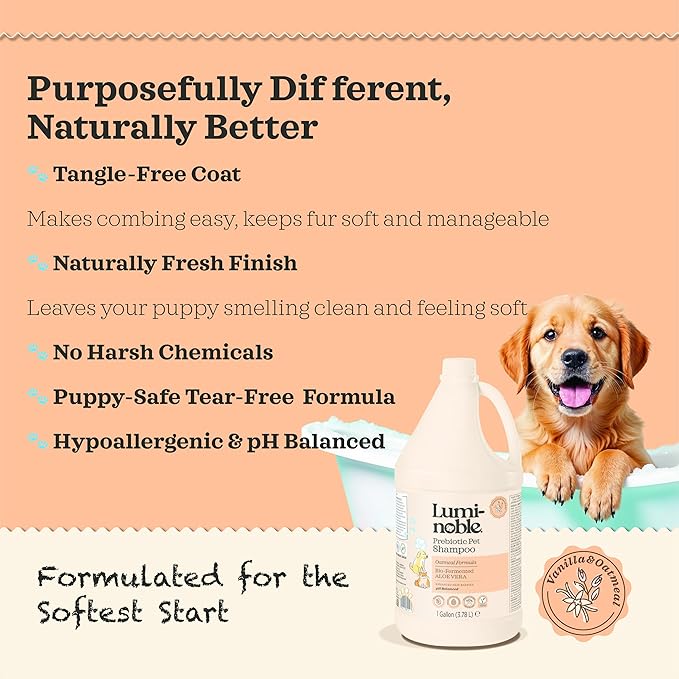 Prebiotic Hypoallergenic Sensitive Dog Shampoo – Oatmeal & Vanilla Scent Formula, Sensitive Skin | Vegan, Paraben-Free, Moisturizing & Deodorizing, Pet Shampoo | Safe for Dogs & Cats – 1 Gallon