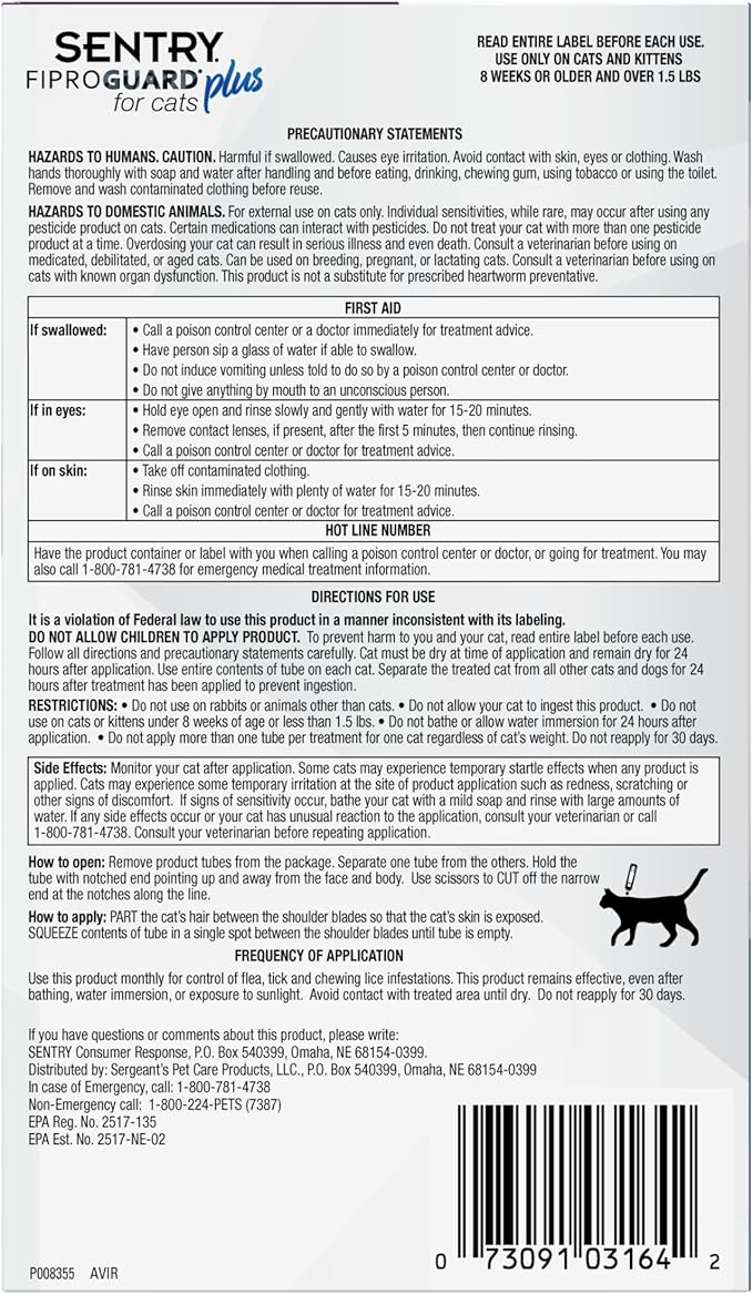 Sentry Fiproguard Plus for Cats, Flea and Tick Prevention for Cats, 1.5 lbs and Over, 3 Month Supply
