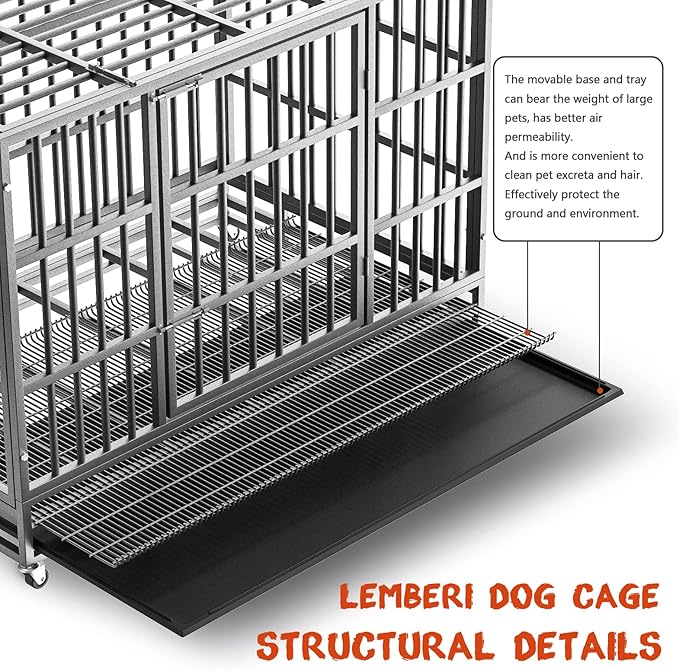 LEMBERI 48/42/38 Inch Heavy Duty Indestructible Dog Crate, Escape Proof Double Door Dog Kennel with Lockable Wheels, High Anxiety Extra Large Dog Cage Indoor Use, with Removable Tray