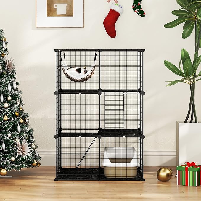 PETSITE 3-Tier Cat Cages Indoor, Metal Wire Cat Enclosure with Extra Large Hammock, 2 Ladders, and 4 Lockable Doors, Detachable Indoor Cat Catio Kennel for 1-3 Cats Kitten, Anti-toppling Kits Included