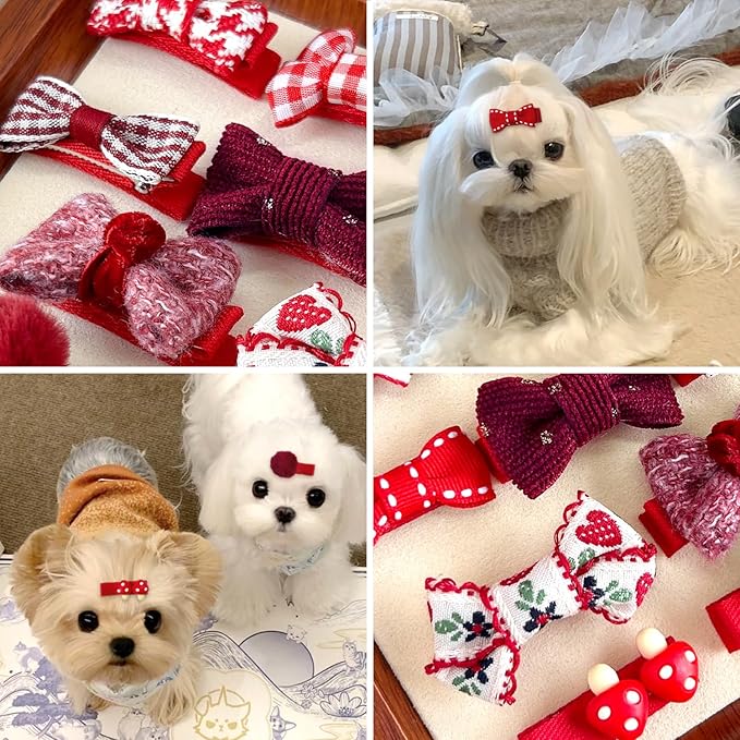 Red Dog Hair Clips and Rubber Bands Small Dog Bows Burgundy Cute Pet Grooming Accessories Alligator Clips Stay In Hair Dark Red Barrettes Hairpin Pet Headdress Bowknot Yorkie Puppy Maltese Girls Dogs