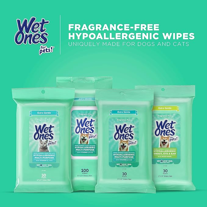 Wet Ones Multi Purpose Pets Wipes, 300 Count, Fragrance Free, Dog Wipes with Vitamins A C and E, Wet Lock Seal