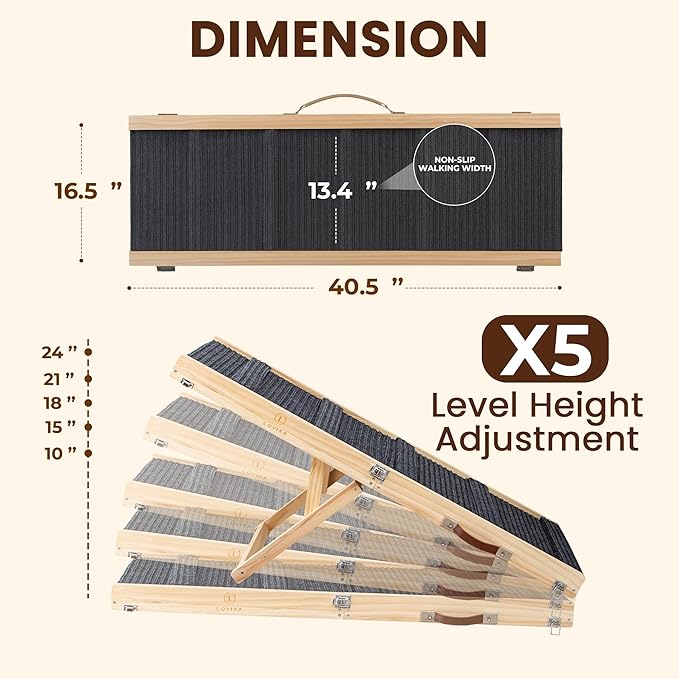 Adjustable Dog Ramp 40.5" Length, 5 Heights 10–24 Inches, Foldable Pet Ramp for Bed & Couch, Solid Wood, Non-Slip Carpet, Portable
