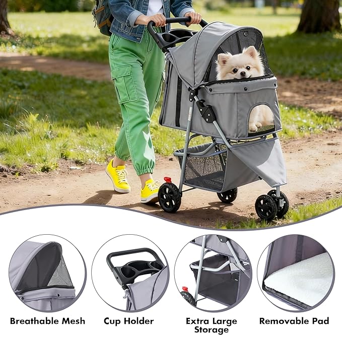 DUMOS 3 Wheels Pet Stroller for Small Dogs and Cats – Foldable Dog Stroller with Mesh Windows, Storage Basket & Cup Holder, Lightweight & Durable Pet Carrier for Travel, Outdoor Use – Grey