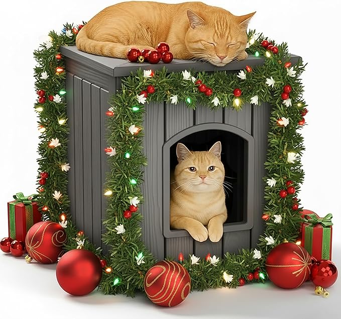 DRATO Outdoor Cat House -Weatherproof Resin Cat Houses for Cats, Durable, Easy Assembly,cat Igloo Outdoor，Durable & Insulated Shelter for Garden, Patio, or Backyard（Grey，18.46 * 23.62 * 21.42）