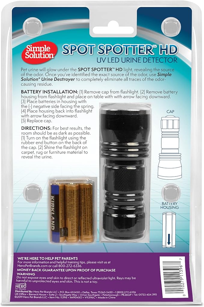 Simple Solution Spot Spotter HD UV LED Urine Detector - Spot and Eliminate Pet Urine Stains and Odors - 1 Light