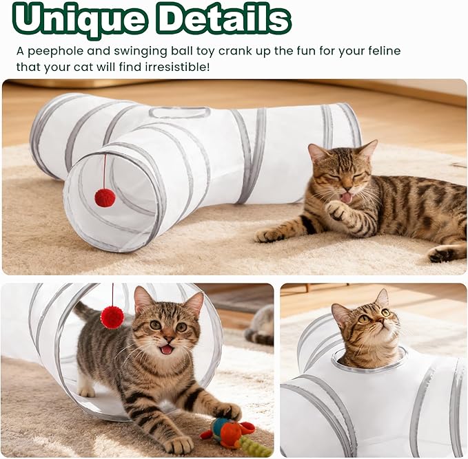 Love’s Cabin Cat Tunnel for Indoor Cats, 3-Way Collapsible Play Tunnel with Teaser Wand, Peek Holes & Toy Ball, Small Pet Toy for Kittens & Rabbits, White & Light Grey, Medium Size