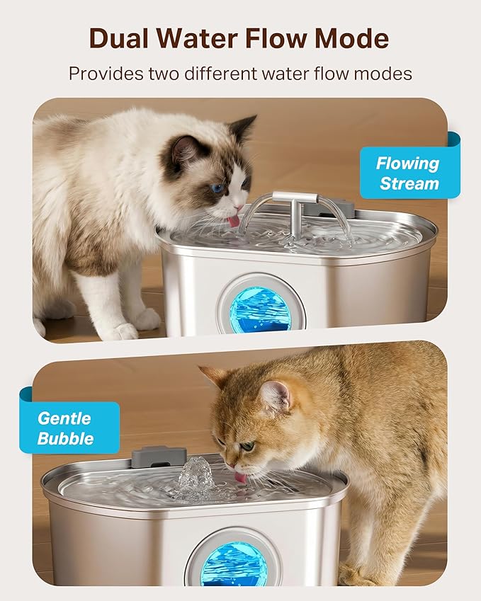 Cat Water Fountain Stainless Steel - Pet Drinking Fountain for Cats Indoor - 3.2L/108oz Automatic Water Dispenser with Watering Level Window (4 Filter)
