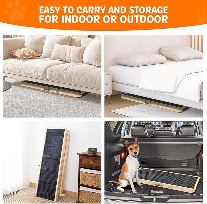 Large Dog Ramp for Bed and Couch Non Foldable Wooden Adjustable Pet Stairs for Dogs and Cats 41.3" Non Slip Ramp with 6 Height Settings Upto 25.6" Puppies, Pets, Indoor Outdoor Use