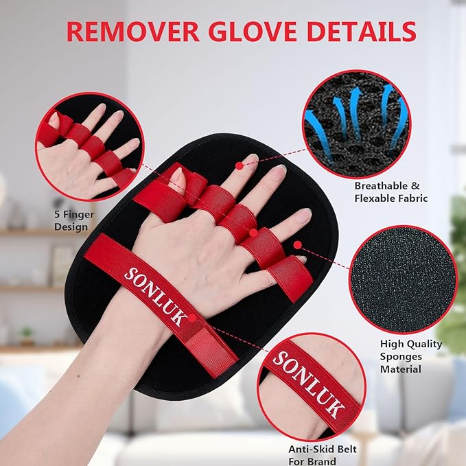 2PCS Pet Hair Removal Glove for Dogs&Cats,Upgraded 5-Finger Electrostatic Magic Brush Hair Remover,Reusable Pet Hair Remover Glove for Laundry,Sofa Gaps and Car Seats(Red)