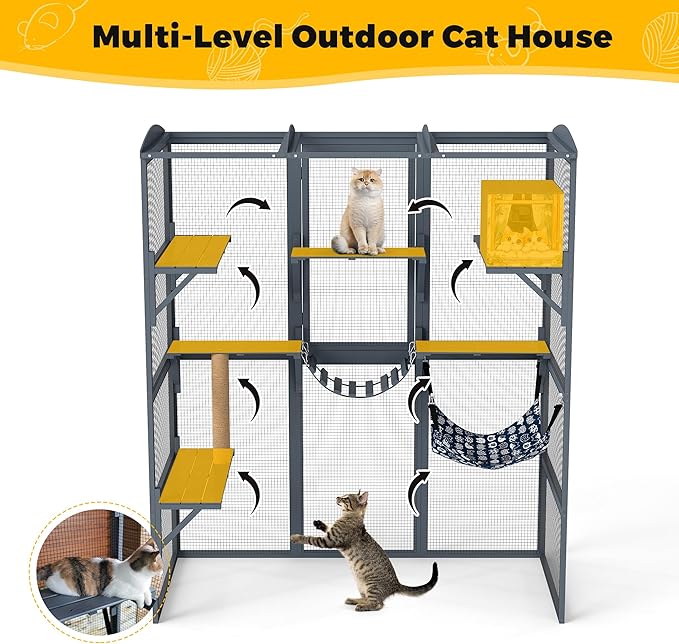 COZIWOW 72Inches Large Wood Catio Outdoor Cat Enclosure with Waterproof Roof, Multi-Level Cat House for 2-3 Cats, Spacious Perches, Hammock, and Scratching Post（Grey Fashion Pattern）