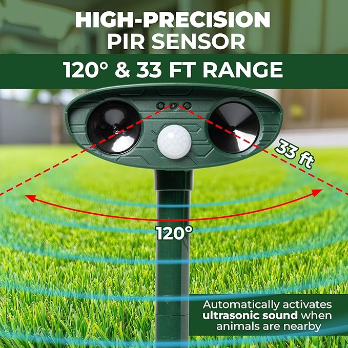 Upgraded Solar Ultrasonic Animal Repellent Outdoor (Pack 2pcs) - Cat Repellent Outdoor, Squirrel, Deer, Raccoon, Pest Repeller - Keep Skunk Away Motion Detection with Flash Light for Yard Garden Lawn