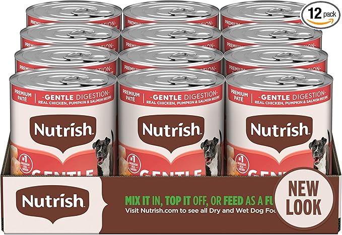 Nutrish Gentle Digestion Premium Paté Wet Dog Food, Real Chicken, Pumpkin & Salmon Recipe, 13 oz. Can, 12 Count (Rachael Ray)