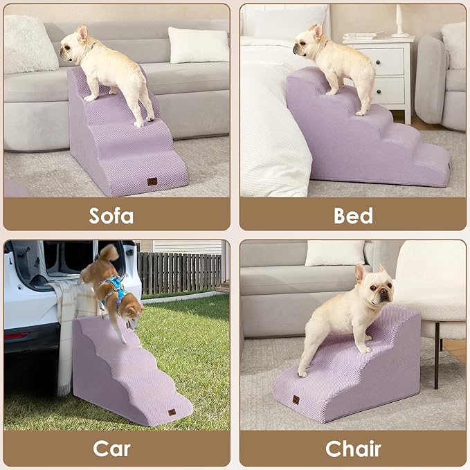 EHEYCIGA Curved Dog Stairs Ramp for Small Dogs 15.7" H, 3-Step Dog Steps for Couch Sofa and Chair, Pet Stairs for Cats, Non-Slip Balanced Pet Steps Indoor, Lilac