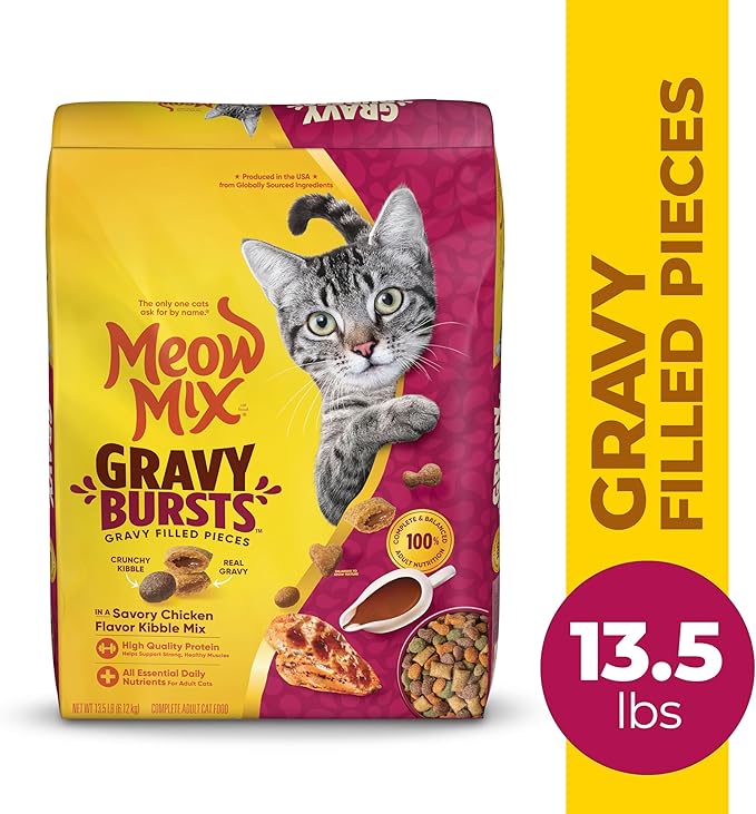 Meow Mix Gravy Bursts Savory Chicken Flavor Mix with Gravy Filled Pieces, Dry Cat Food, 13.5 Pound Bag