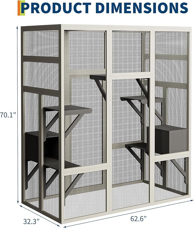 70" Large Outdoor Catio Cat Enclosure, Wood Cat Patio with Waterproof UV-Resistant Roof, Cats Shelter with 5 Platforms and 2 Resting Box, and Secure Rust-Proof Wire for Backyard or Patio