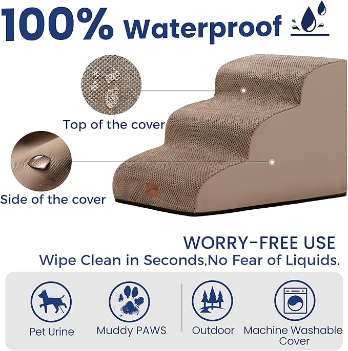 gogobunny Ramp Cat Dog Stairs for Beds, Cat Slope Stairs with Durable Waterproof Fabric Cover, Pet Steps for Old Large Dogs Climbing (Camel, 3-Step (22.4" D x 15.7" W x 15.7" H), 3)