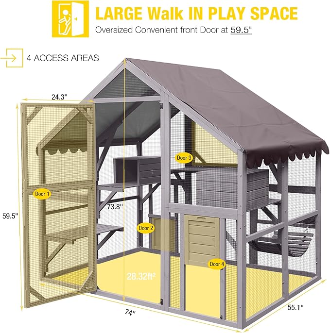 Aivituvin Catio Large Walk in Outdoor Cat Enclosure with Removable Back Door for Window and Pet Door Connection 55" D