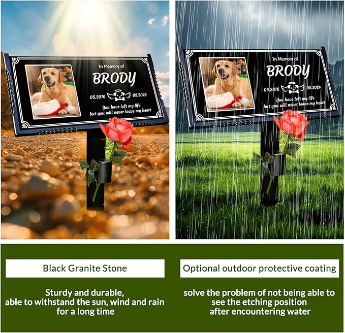Personalized Pet Memorial Stone, Weatherproof Granite Dog Headstone - Custom Grave Markers for Dogs&Cats Engraved with Photo Name Date,Memorial Stones for Memory Garden