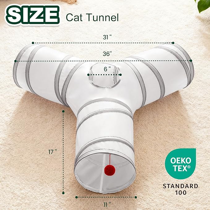 Love’s Cabin Cat Tunnel for Indoor Cats, 3-Way Collapsible Play Tunnel with Teaser Wand, Peek Holes & Toy Ball, Small Pet Toy for Kittens & Rabbits, White & Light Grey, Medium Size
