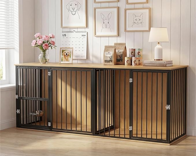 80.7" Double Dog Crate Furniture, Large Breed Dog Crate TV Stand with Swivel Bowls, Heavy Duty Wooden Double Dog Kennel with Removable Divider for 2 Medium Dogs (Black)