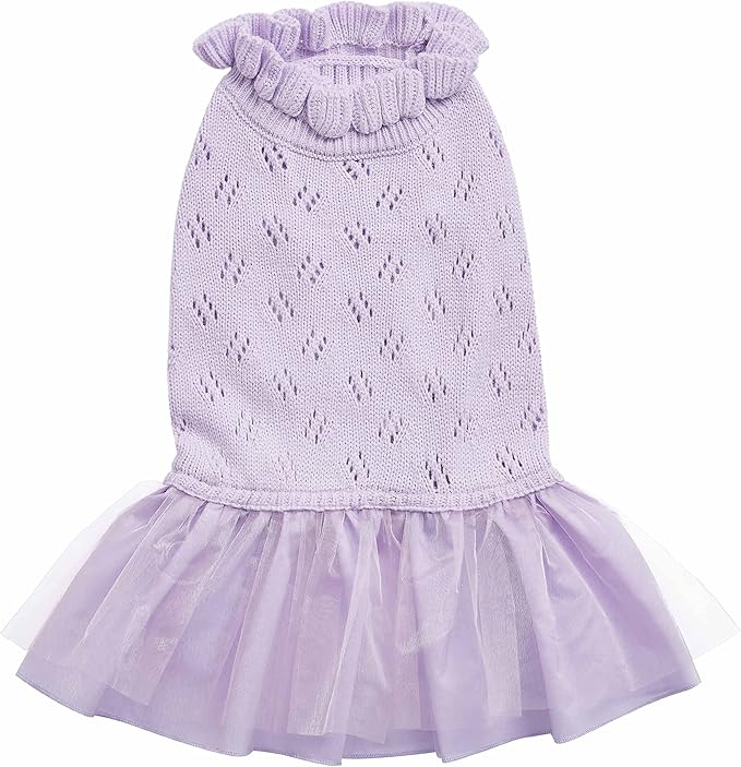 Blueberry Pet My Cutie Princess Ruffle Collar Dog Sweater Dress with Layered Tulle, Light Lavender, Back Length 16", Fall Winter Clothes for Girl Dogs