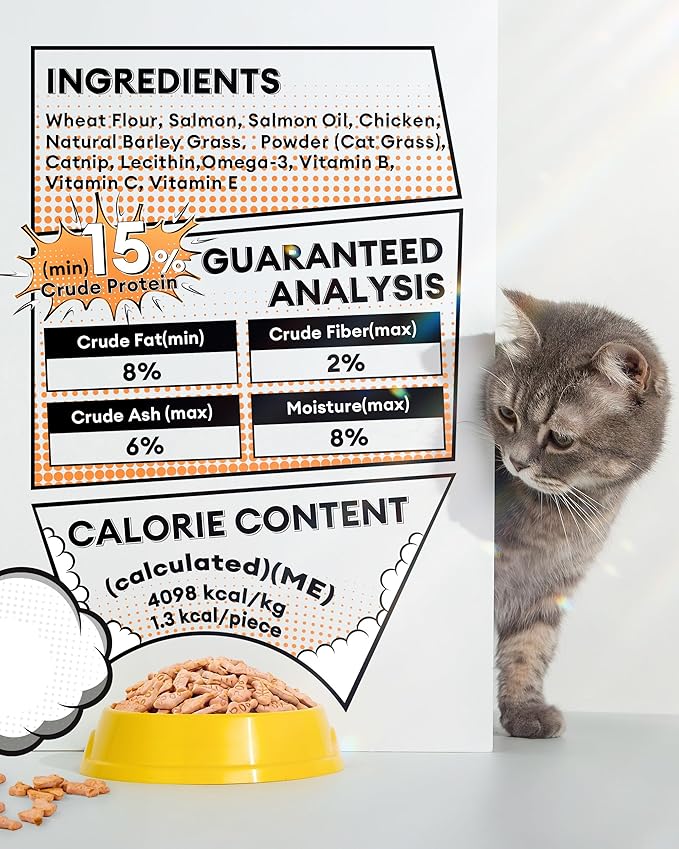 3.53oz Cat Grass Treats for Hairball Control – Natural Salmon & Cat Grass & Catnip Biscuits, Low-Calorie Healthy Snacks for Indoor Cats, Digestive & Dental Care