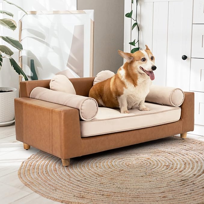 dCee Luxury Dog Sofa Bed, Luxury 42" Leather Pet Couch for Large Dogs, Washable Velvet Cushion, Sturdy Wooden Frame, Anti-Slip Design, Joint Support, Comfortable and Stylish for Pets Up to 160 Lbs