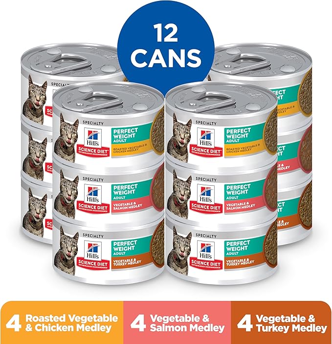 Hill's Science Diet Adult 1-6 Perfect Weight Wet Cat Food, Variety Pack: Vegetable Chicken, Turkey, & Salmon, 2.9 oz. Cans, 12-Pack