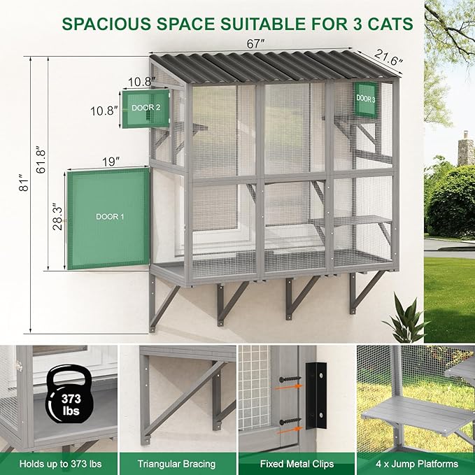 Window Box Enclosure, All-Weather Cat Catio for Multiple Indoor Cats, Wooden Window Catio with 4 Platforms & 3 Doors, Expandable Pet Perch House for Sunbathing