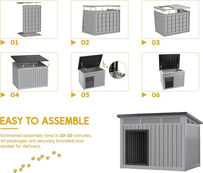 Fancyango Dog House for Indoor & Outdoor Use - Weatherproof Roof & Removable Floor, Fits Small to Medium Dogs (32.1" L x 25.1" W x 24" H) - Grey