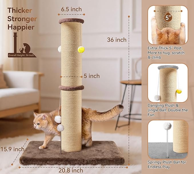 5-Inch Thick Sisal Cat Scratching Post, 36" Tall Scratch Tower with 6.5" Top Perch and Large 20.8×15.9" Stable Base, Durable Cat Scratcher for Indoor Cats, Brown