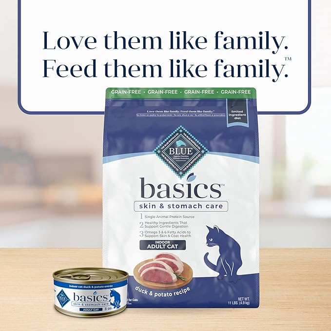 Blue Buffalo Basics Grain-Free Dry Cat Food, Skin & Stomach Care, Limited Ingredient Diet for Indoor Cats, Duck & Potato Recipe, 11-lb. Bag