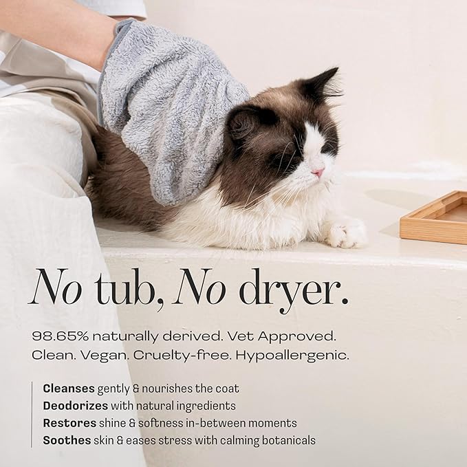 Cat Concentrated Waterless Rinse-Free Shampoo & Conditioner with Bath Mitt – Sensitive Skin, Stress & Itch Relief Gentle Leave-in Serum – 98.65% Naturally Derived-Dry Shampoo for Cats–8×10ml