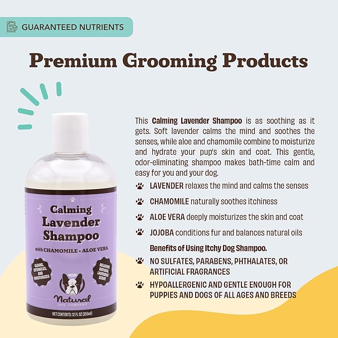 Natural Dog Company Calming Lavender Shampoo – Hypoallergenic, Sulfate & Paraben Free – Aloe Vera & Chamomile Soothing Wash for Sensitive, Stressed & Itchy Dogs – All Breeds & Ages – 12 oz