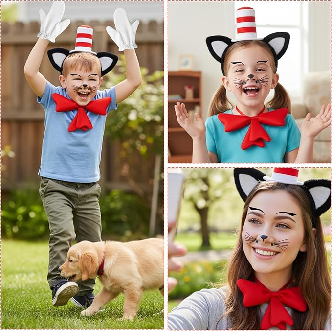Cat Ears Headband and Bow Tie Set, Red and White Hat Cat Ears Hairband, Cat Hat Costume Accessories for Cosplay, Halloween, Theme Party, Includes Headband, Gloves, Bow Tie, Face Stickers