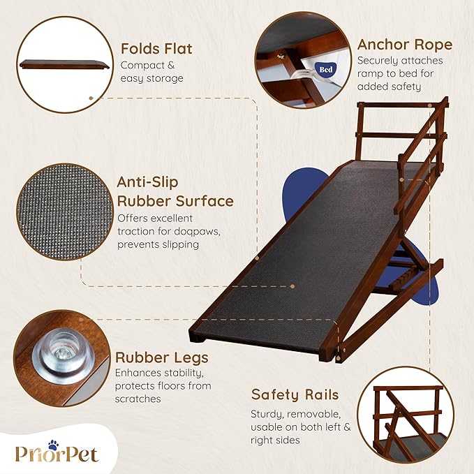 Dog Ramp for Bed with Safety Rails for High Beds up to 37" – Extra Wide 19.5" Adjustable Dog Bed Ramp for Large Dogs up to 200 lbs – Solid Birchwood, Non-Slip Rubber Surface, Foldable Design – Walnut