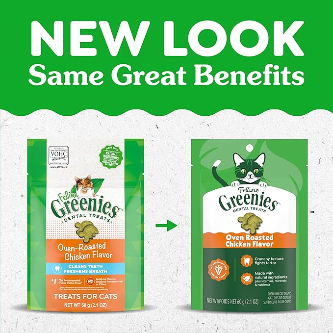 Greenies Cat Treats, Feline Veterinarian-Recommended Adult Natural Dental Cat Treats, Oven Roasted Chicken Flavor, 2.1 oz. Pouch