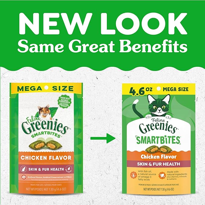 Greenies Cat Treats, Feline Smartbites, Skin & Fur Health, Crunchy and Soft Cat Treats, Chicken Flavor, 4.6 oz. Pack