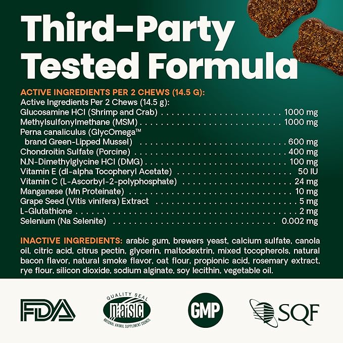 VetriScience Ultimate Strength Hip & Joint Supplement for Dogs, GlycoFlex Plus – MSM, Chondroitin & Green-Lipped Mussel Chews for Mobility, Flexibility, Comfort & Support, Bacon Flavor, 60 Cnt
