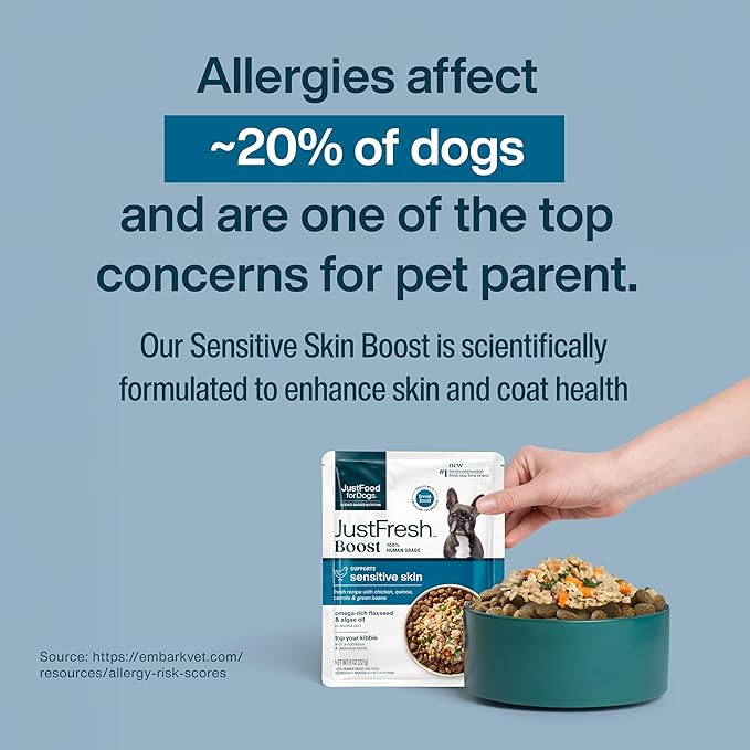 JustFoodForDogs JustFresh Boosts Sensitive Skin Dog Food Topper with Vitamin C, Vitamin E, Algae Oil, Omega-3 Fatty Acids, 8 oz Pouches - 8 Pack