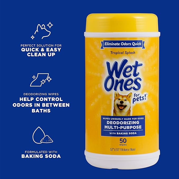 Wet Ones for Pets Deodorizing Multipurpose Dog Wipes with Baking Soda, Tropical Splash Scent - Desmellizing Wipes for Dogs in Canister, 50 Count