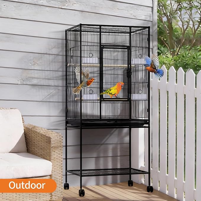 Wide Large Bird Cage with Rolling Stand and Storage – 54" Tall Parrot Cage for Parakeets, Cockatiels, Conures, Cockatoos – Black Flight Cage with Feed Bowls – Ideal for Medium-Large Birds