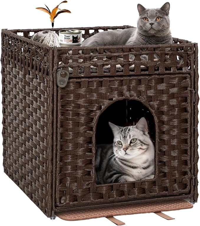 Handwoven Rattan Cat Litter Box Enclosure Furniture - Hidden Cabinet with Odor-Control Mat, Anti-Spill Fence & Secure S-Hooks for Living Room/Bedroom, 18.2"x18.2"x24.5" (Brown)