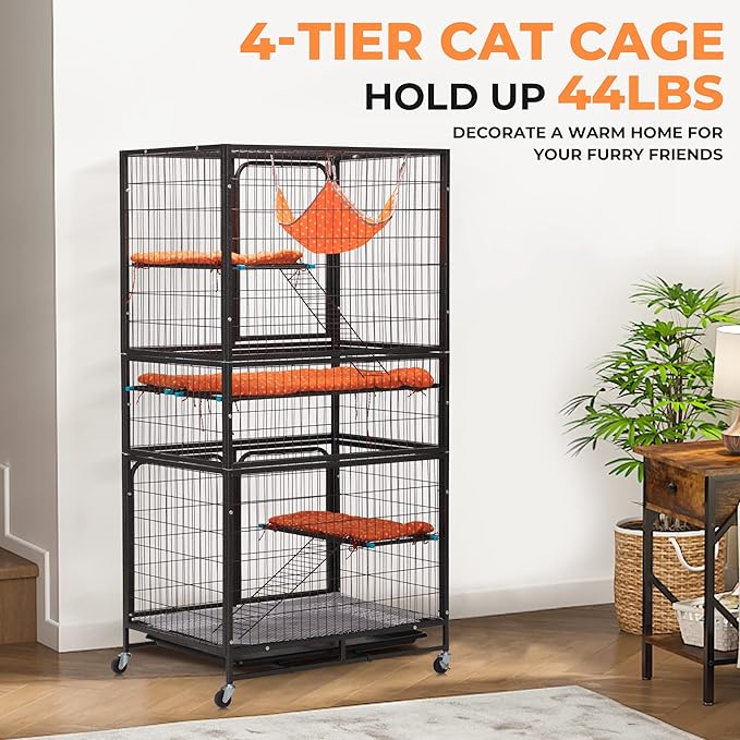 Cat Cages Indoor,4-Tier Ferret Cage, Large Wire Crates with Hammock, Cat Enclosure with 2 Ladders, Cat Kennel with Wheels for Kitten, Guinea Pig, Rabbit, Chinchilla, Black
