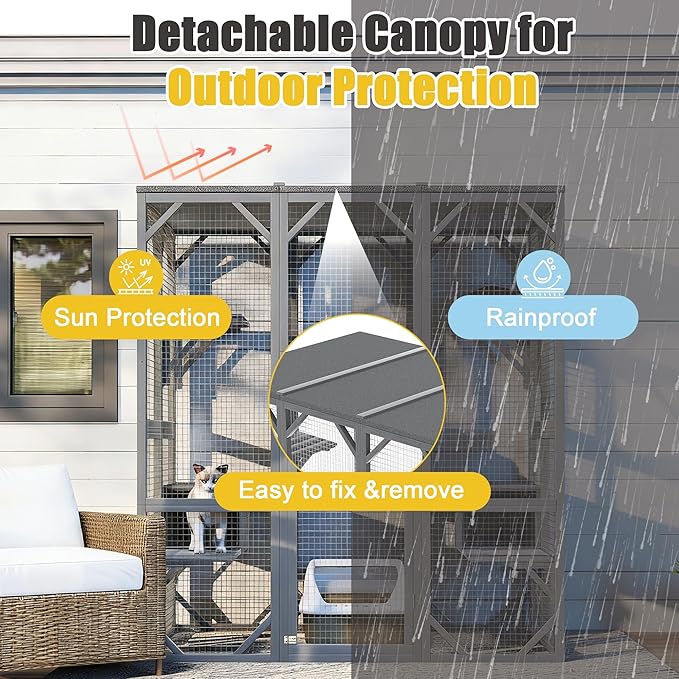 KEIKI Outdoor Cat Enclosure Large, 71" Cat House for Multiple Cats with Waterproof Roof, 3 Tier Cat Cage with 6 Platforms, Weatherproof Outdoor Cat Catio, Gray