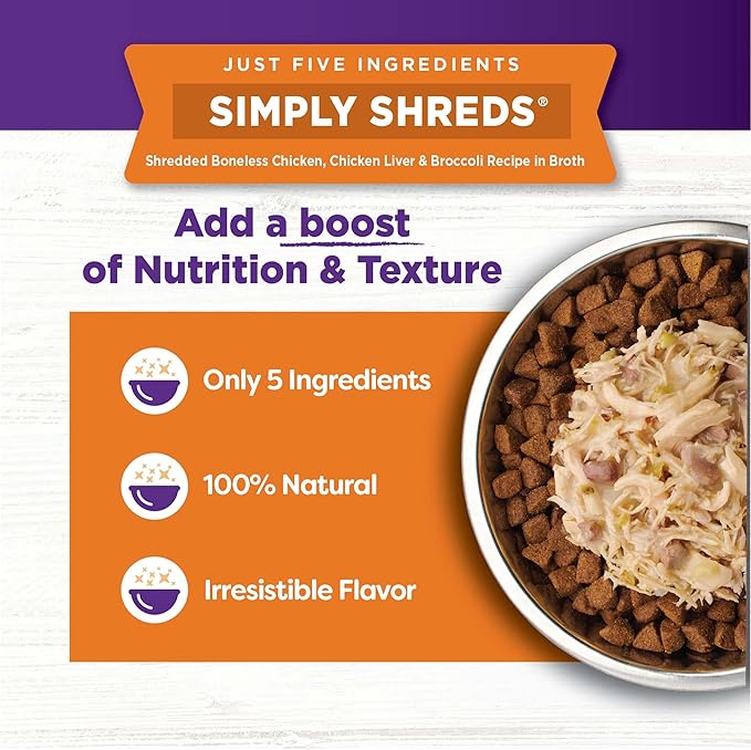 Wellness Bowl Boosters Simply Shreds Wet Dog Food Topper for Small, Medium, and Large Breeds, Grain Free, Natural, Chicken Liver and Broccoli Recipe, 2.8 oz, Pack of 12 Pouches