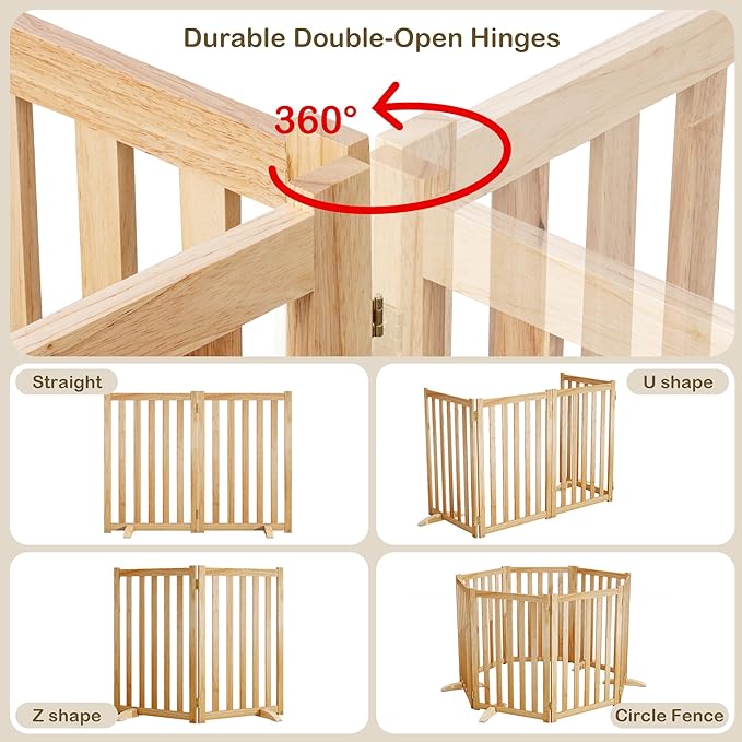30" Height Tall Freestanding Pet Gate, Solid Wood Folding Safety Fence Wooden Dog Gate with 2 PCs Support Feet Ideal for Stairs, Doorways, Halls, Kitchens, Heavy Duty Gates, 2 Panels, Natural
