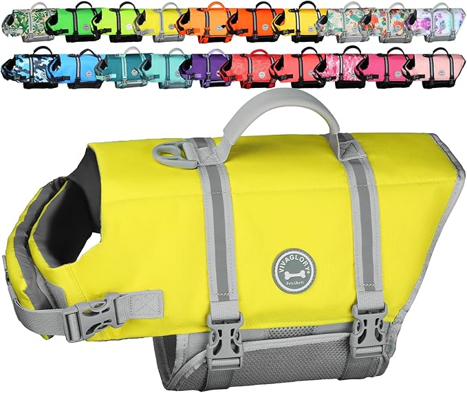 VIVAGLORY Rip Stop Dog Life Vest, Swimming Vest with Handle, Buoyancy for Doggy Puppy, Dog Life Jacket for Swimming & Boating, S, Yellow Grey