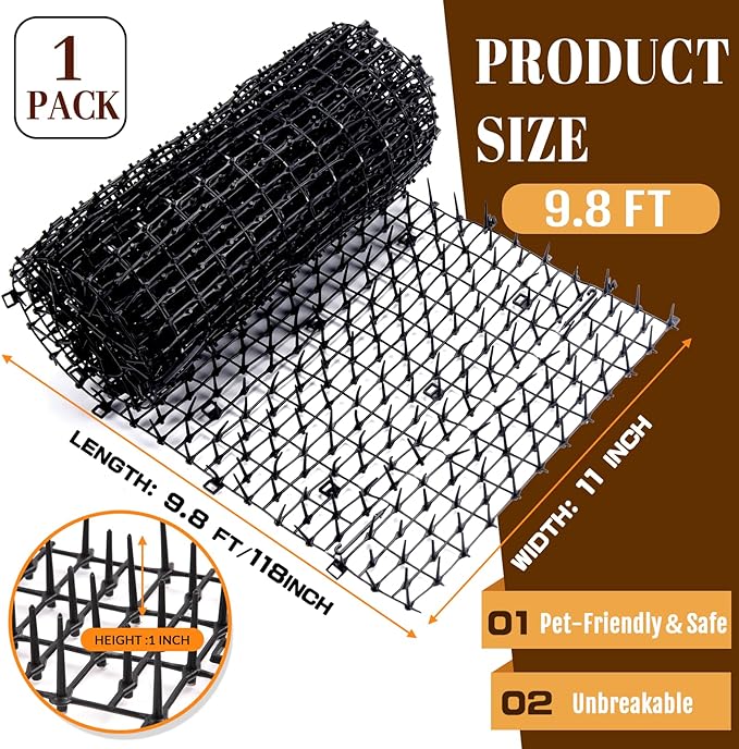 10ft Cat Scat Mat with Spikes Outdoor, Scat Mats for Dogs, Includes 8 Garden Staples